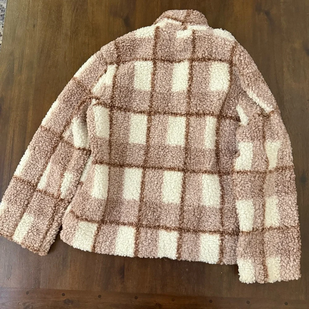 Stoosh Womens Plaid Teddy Fleece‎ Sherpa Jacket Brown Cream Zip Up Coat Small - Picture 3 of 4